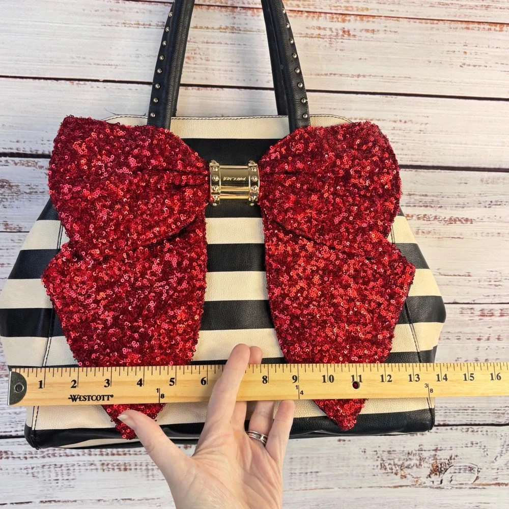 Betsey Johnson Black White Striped Satchel Red Sequin Bow Handbag Studded Handle